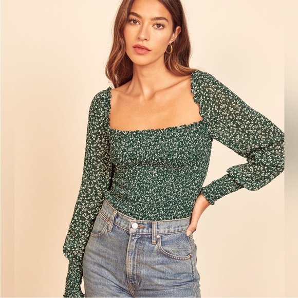 Reformation green floral pinto long sleeve smocked blouse top XS - Picture 1 of 14